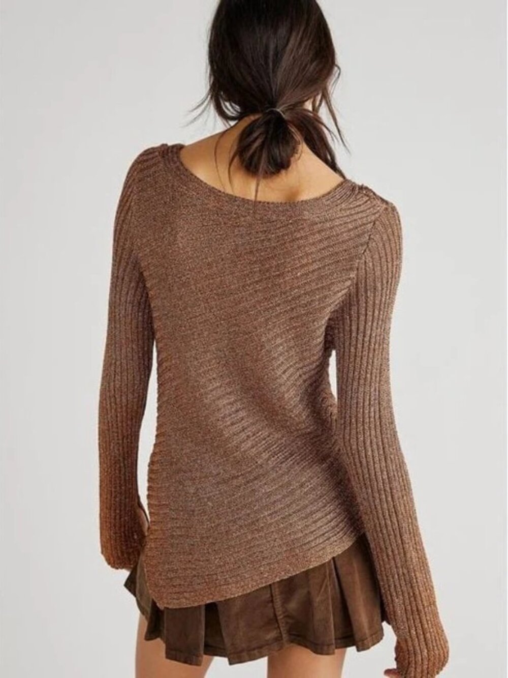 Free People Logan Metallic Knit Asymmetrical Sweater Holiday in Copper/Brown L - Picture 2 of 15
